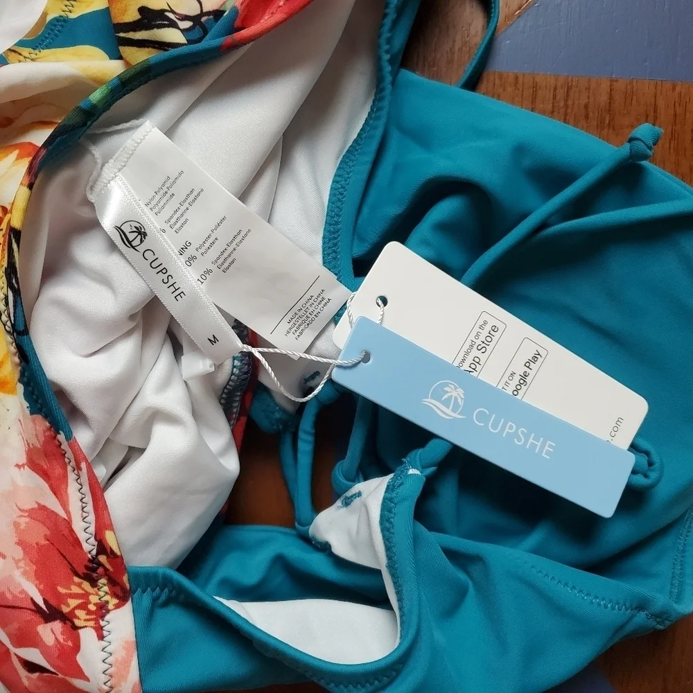 Cupshe Monokini One Piece Womens Medium Teal Floral Cutout Tie neck‎ High Waist